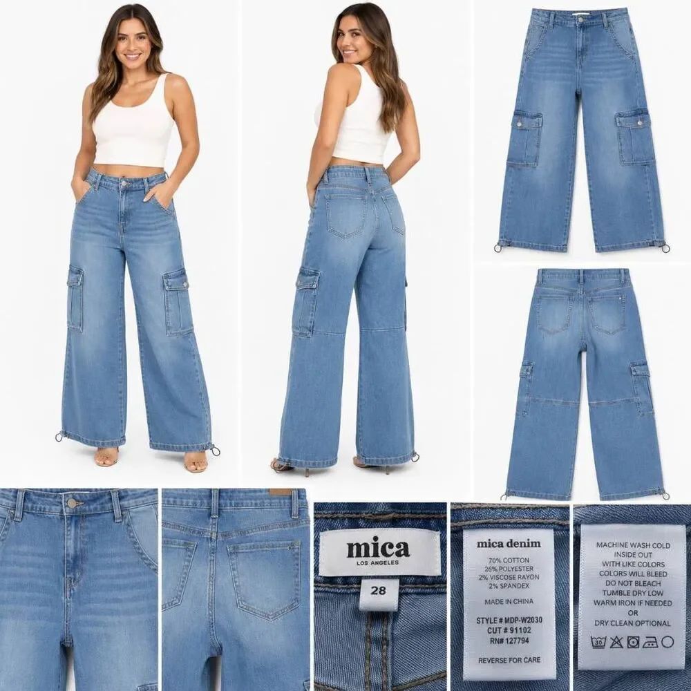 Mica Los Angeles Cargo Wide Leg Jeans Size 28 Light Wash